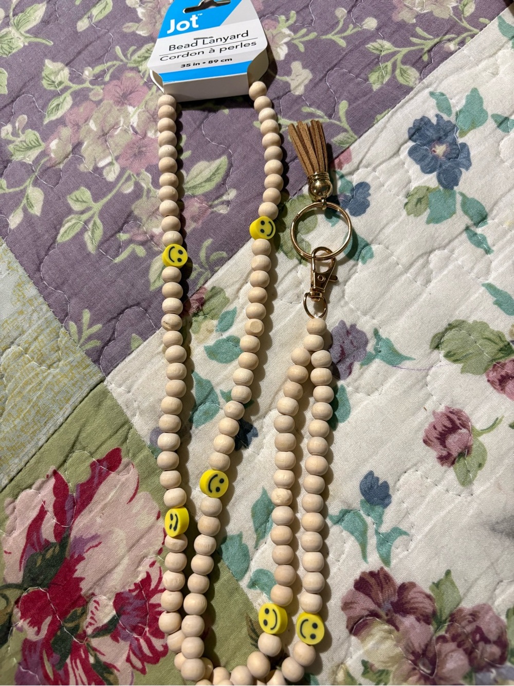 Beaded Smile Face Key & Card Holder Lanyard - Natural Wood & Yellow